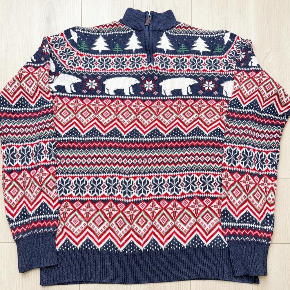 Mens Fair Isle Polar Bear Holiday Quarter Zip Sweater Navy Blue Nordic Knit 2423
